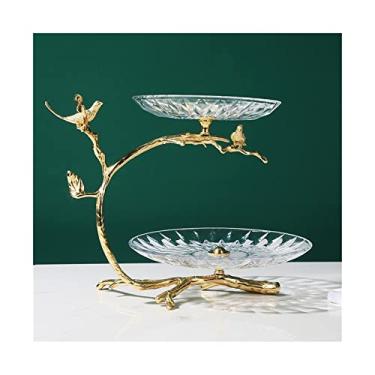 Imagem de YYBOES Fruteira Moderna Leve Luxo Vidro Latão Prato de Frutas Casa Sala de Estar Mesa de Café Camada Dupla Sobremesa Prato de Bolo Ornamentos Prato de Frutas