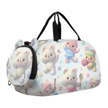 Imagem de WELLDAY Lindos ursos de tênis para meninas, bolsas esportivas de ginástica com compartimento para sapatos, bolsa de viagem personalizada para crianças