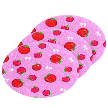 Imagem de Wassud Maçãs com laços, esponja de polpa de madeira para pratos, pacote com 3 esponjas de cozinha para limpeza, esfregão resistente para panelas antiaderentes, esponjas de lavar louça para pia