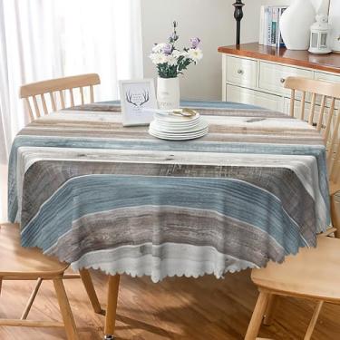 Imagem de TTQYFNM Toalha de mesa redonda de madeira rústica, 137 cm, azul, cinza, grunge, toalha de mesa circular com tema de celeiro, impermeável, resistente a manchas, para casa, cozinha, sala de jantar