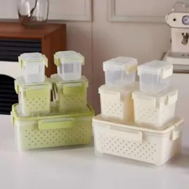 Imagem de Conjunto 5 Potes Herméticos com Cesto Interno – Vedação, Escorredor e Design Empilhável para Frutas, Legumes e Alimentos (Cor Vazado)