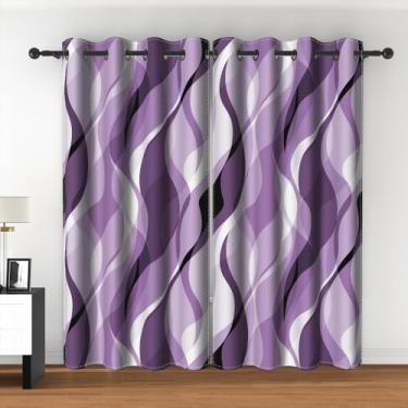 Imagem de Cortinas de janela listradas abstratas modernas retrô geométricas abstratas ombré cinza e roxo listrado escurecimento cortinas blackout para sala de estar quarto cozinha café decoração 106 x 213 cm, 2
