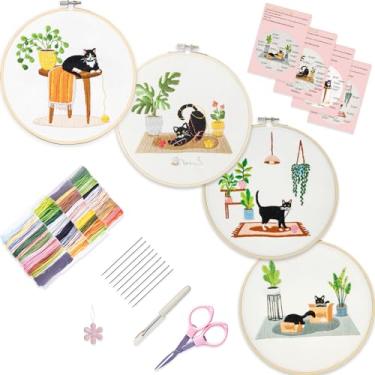 Imagem de Bonroy 4 conjuntos de kit de bordado para iniciantes, kit de bordado para artesanato de arte costura prática inclui roupas de bordado com padrão, aros de bordado, instruções, kit de agulhas de fios coloridos (gato)