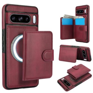 Imagem de Carteira removível para Google Pixel 8 Pro, compatível com Magsafe, capa de carregamento sem fio com suporte para cartão, compartimento para dinheiro, capa à prova de choque 2 em 1 (vinho vermelho)