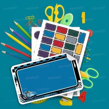 Imagem de Kit de Etiquetas Escolares Tema Carros 02 sem nome, ideal para identificar cadernos, livros, estojos, mochilas, lancheiras e garrafinhas infantis