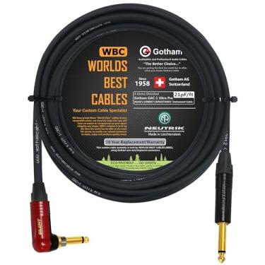 Imagem de Cabo de instrumentos de baixo de guitarra Gotham GAC-1 Ultra Pro de 1,8 m – Boné baixo premium (21 pf/F) com plugue de ouro neutrik reto em ângulo reto (plugue silencioso) plugues T de 6,35 mm – personalizado por cabos melhores do mundo