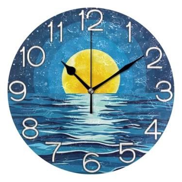Imagem de GAIGEO Relógio de parede analógico decorativo quarto cozinha relógio funky alimentado por bateria, arte de parede moderna legal decoração de casa, minimalista noite oceano lua, 25 cm, ponteiros pretos