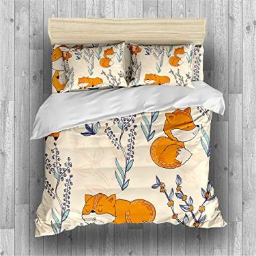 Imagem de SOMCELUM Jogo de cama de raposa caprichosa aconchegante desenhado à mão com desenho animado animal capa de edredom 3/4 peças (1 capa de edredom com 2 fronhas ou lençol) (A, TWIN-3PCS)