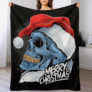 Imagem de Cobertor de Natal, mantas de caveira para sofás e decorações de Natal, cobertores felpudos quentes e aconchegantes de flanela macia para cama, sofá, acampamento e carro de viagem (76 x 101 cm)
