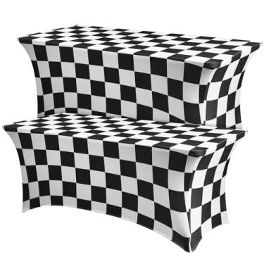Imagem de Mindsoft Pacote com 2 toalhas de mesa retangulares de elastano de 1,8 m, toalha de mesa xadrez preta e branca, resistente a amassados, capa de mesa lavável para evento de carro, decoração de