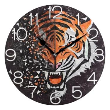 Imagem de GAIGEO Relógio de parede analógico decorativo relógio de cozinha rústico estético silencioso sem tique-taque, decoração de parede de meados do século, sala de estar, tigre laranja frio, preto, 25 cm