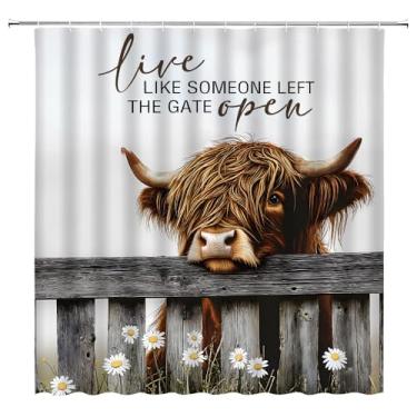 Imagem de Cortina de chuveiro Farmhouse Highland vaca engraçada touro ocidental branco margarida floral rústica cerca de madeira country citações inspiradoras tecido decoração de banheiro cortinas com ganchos