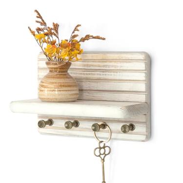 Imagem de Rebee Vision Suporte de parede para chave de madeira de pinheiro – Mini porta-chaves de 18 cm para parede com prateleira de madeira – Decoração de casa perfeita para entrada, sala de estar e quarto