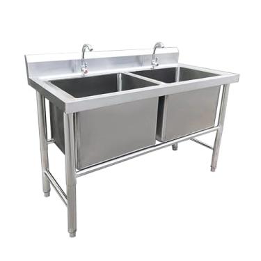Imagem de Pia de aço inoxidável independente, pia de cozinha comercial de aço inoxidável, pia de tigela dupla grande, com kit de drenagem e torneira, para restaurante, lavanderia, garagem e quintal (120 x 70 x