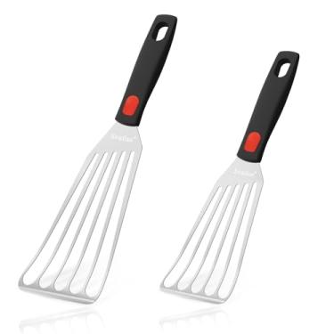 Imagem de Espátula de peixe de aço inoxidável, espátulas de metal flexível com alça de silicone, espátula com fenda para cozinha, cozinhar, grelhar, virar, ovo, panqueca e hambúrguer (pequeno e grande)