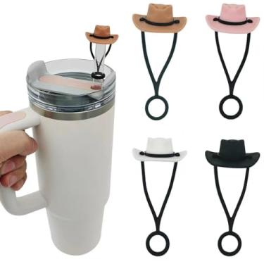 Imagem de 8 peças de chapéu de cowboy de silicone para Stanley Cup, pontas de palha reutilizáveis à prova de poeira, bonés de palha à prova de poeira