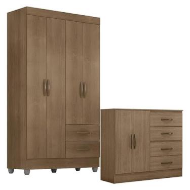 Imagem de Guarda Roupa Solteiro 4 Portas e Cômoda 4 Gavetas e 2 Portas Lite Carvalho Oak - Móveis Leão