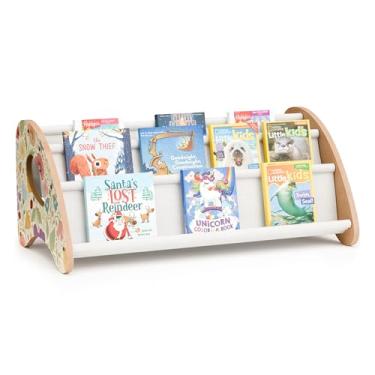 Imagem de yoopin Estante de livros infantil, organizador de livros de 4 camadas com bolsos de armazenamento de tecido, estantes de madeira com visor frontal aberto, prateleira de livros Montessori para berçário