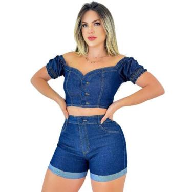 Imagem de Conjunto Feminino Jeans Escuro Short e Blusa Modelo Premium - Afrodite