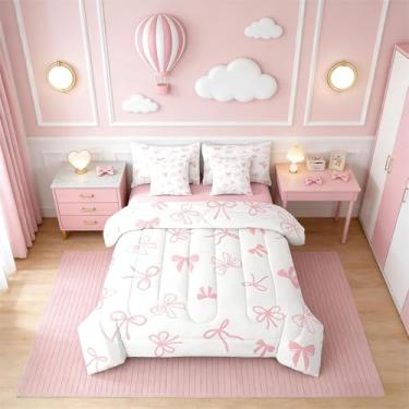 Imagem de Erosebridal Jogo de cama solteiro com laço, 7 peças, com lençóis, princesa, gravata borboleta, branco, rosa, simples, para crianças, meninas e mulheres