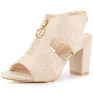 Imagem de Allegra K Sandália feminina com zíper frontal e salto grosso, salto gladiador, Bege, 37