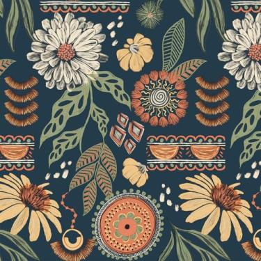 Imagem de GaliGali Papel de parede Peel and Stick, papel de parede vintage floral boho sol, papel de contato removível, papel de parede adequado para locatários para quarto, banheiro, paredes, armários, 43,9 cm