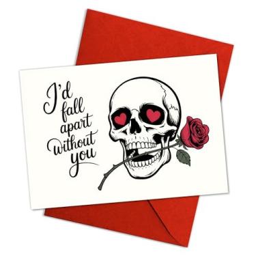 Imagem de Podagree Cartão comemorativo Dia dos Namorados, cartão I'd Fall Apart Without You, cartão de amor rosa crânio gótico, cartão romântico escuro para namorado, namorada, parceiro solteiro 14 x 20 cm com