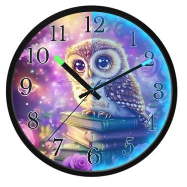 Imagem de ALAZA Relógio de parede de coruja rosa roxa que brilha no escuro operado por bateria relógio de parede silencioso de 30 cm sem tique-taque relógio de luz noturna para quarto