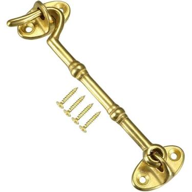 Imagem de Gancho e olhal trinco parafuso portão trava de gancho de portão, ganchos de cabine de 10,4 cm trava porta portão giratório janela gancho de latão com parafusos de montagem dourado 1 peça botão