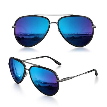 Imagem de LUENX Óculos de sol aviador para homens e mulheres - lente grande proteção UV 400 com acessórios 62 mm, Lente azul espelhada/armação de metal/não polarizada, Large