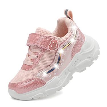 Imagem de CNFOOTJKY Tênis De Corrida Com Led Para Meninas Pequenas, Leves E Brilhantes, Em Malha Respirável, Tamanho 9, Rosa-Choque
