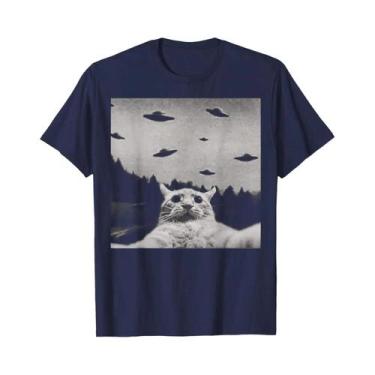 Imagem de Camiseta Feminina Estilo Harajuku Alienígena Gato OVNI Preto Clássica 
