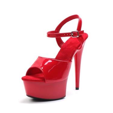 Imagem de WUXIN H&P Sandália feminina plataforma de 15 cm com tira no tornozelo - Salto alto sexy Pole Dance, sapatos de dança exótica de 15 cm Stiletto, Vermelho, 40
