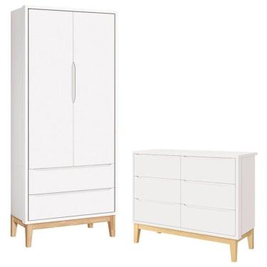 Imagem de Cômoda 6 Gavetas E Guarda Roupa 2 Portas New Classic Branco Com Pés Madeira Natural- Reller
