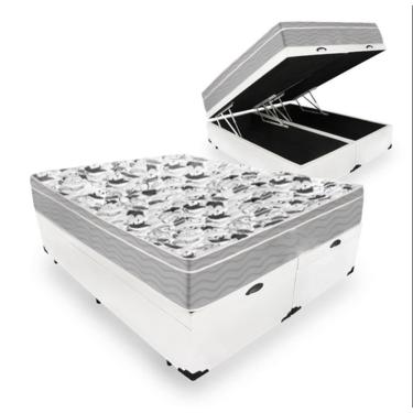 Imagem de Cama Box Com Baú Queen Tecido Sintético Branco com  Colchão De Molas Ensacadas - Probel - Evolution 158cm