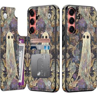 Imagem de Goodon Capa carteira para Samsung Galaxy S25 Plus com porta-cartão, bloqueio RFID, capa floral vintage estética, capa protetora retrô moderna exclusiva para mulheres e meninas - Fantasma encantado