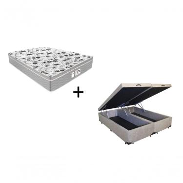 Imagem de Cama Box Com Baú Queen Bipartido Tecido Suede Bege Com Colchão De Molas Ensacadas - Probel - Evolution 158cm