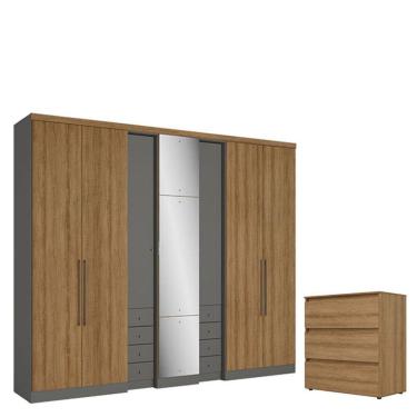 Imagem de Guarda Roupa Casal Absolut Plus Glass 7 Portas Grafite Almendra E Cômoda Gaveteiro Condessa Capuccino Acetinado - Thb