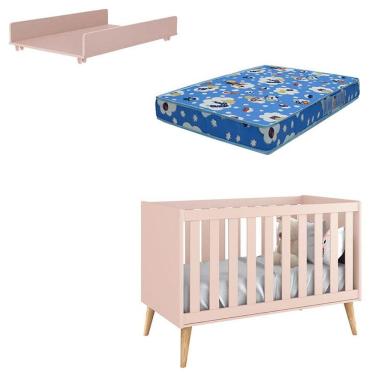 Imagem de Berço Americano Theo Com Trocador Juju Rosa Natural E Colchão - Reller
