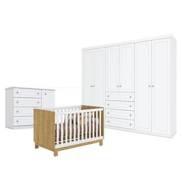 Imagem de Quarto De Bebê Americano 6 Portas Com Berço Americano Mini Cama Q Encanto Slim Freijó Branco Acetinado - Qmovi - Henn