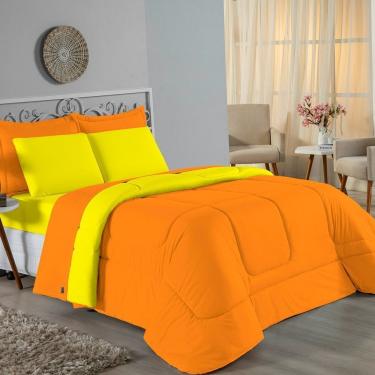 Imagem de Kit Edredom Dupla Face + Jogo De Lençol Casal Nobre 6 Peças Malha 100% Algodão - Laranja / Amarelo