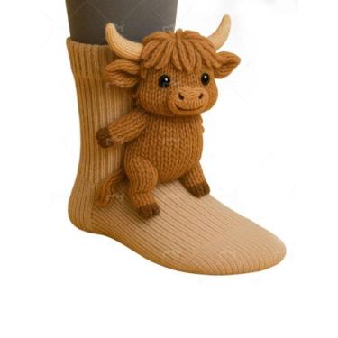 Imagem de Meias redondas tricotadas de algodão com design 3D Highland Cow - taiy