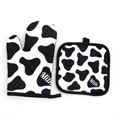 Imagem de Luvas de forno, poliéster, resistente ao calor, estampa de vaca, conju