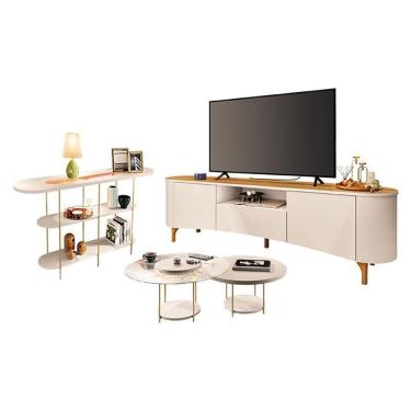 Imagem de Rack Bancada Elara Off White Cinamomo Com Kit Mesa De Centro Sky E Aparador Infinity Off White - Hb Móveis