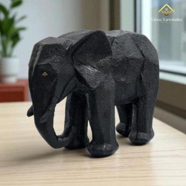 Imagem de Escultura Elefante Preto Geométrico 18 Cm Gesso Pintado Presente Elega