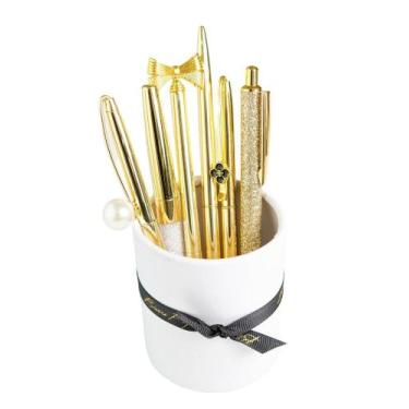 Imagem de Kit 6 Canetas Dourada Elegante P/ Escritório Tinta Preta - Bisou Papie
