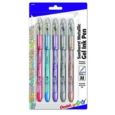 Imagem de Pentel Caneta de gel metálica Art Sunburst, linha média, permanente, pacote com 5, tintas sortidas (K908MBP5)