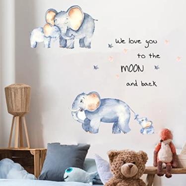 Imagem de 2 peças decalques de parede de desenho de elefante 23,6 x 11,8 polegadas à prova d'água elefante e bebê elefante adesivos de parede autoadesivos removíveis DIY decalques de decoração de parede para quarto de criança berçário (azul)