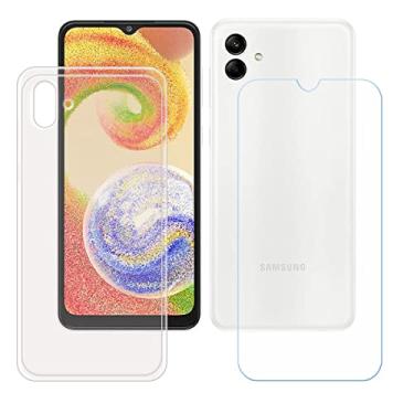 Imagem de FZYM Capa para Samsung Galaxy A04 + película protetora de tela de vidro temperado, capa de telefone de proteção de silicone TPU de gel macio transparente fino para Samsung Galaxy A04 (6,5 polegadas)
