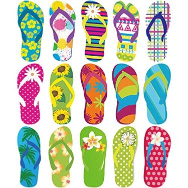 Imagem de 60 peças de destaques de flip-flop, recortes coloridos de verão, recortes de quadro de avisos de verão, decoração de parede, recortes de festa Hawiian com pontos de cola para decoração de festa de sala de aula